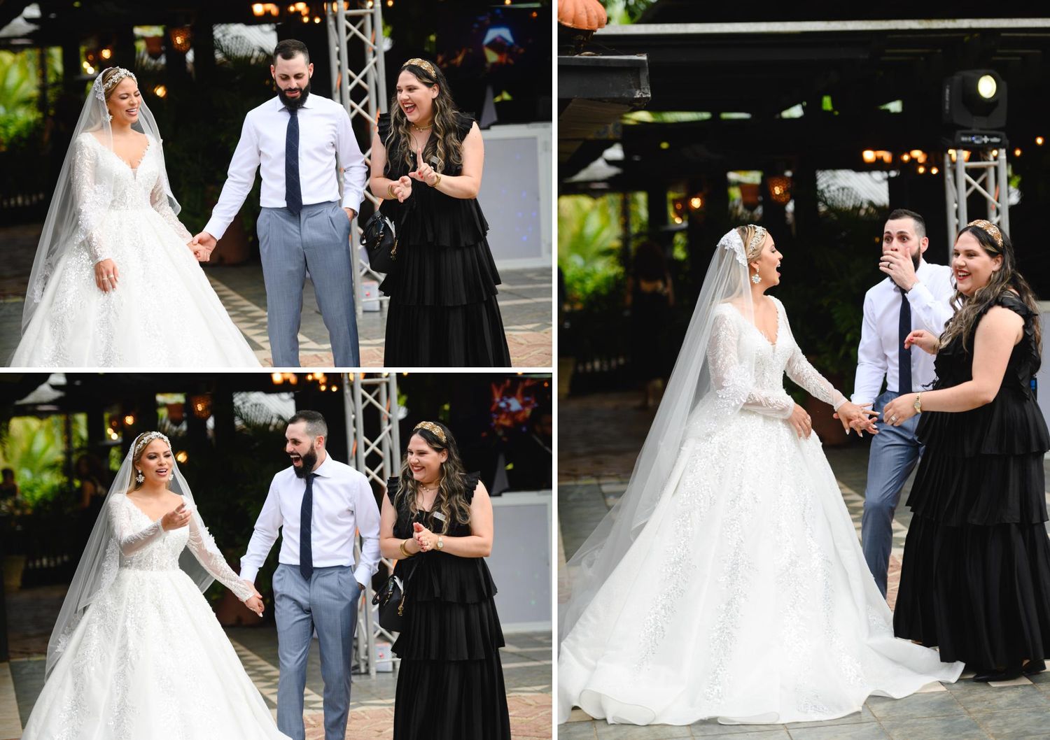 Bride in white gown and groom in suit hold hands with woman in black dress at outdoor wedding reception.
