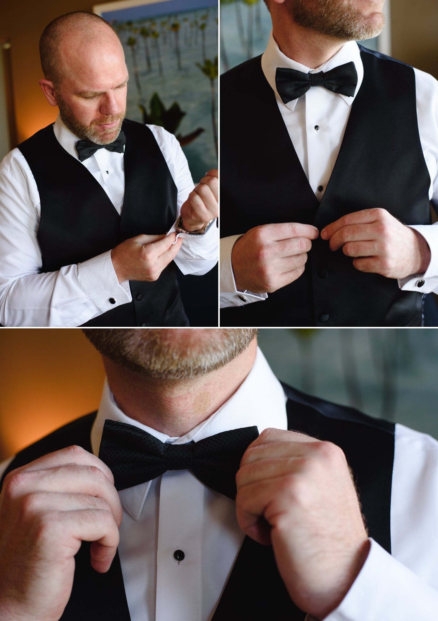 Groom in black vest and bow tie adjusting cufflinks and buttons while getting ready for wedding ceremony.