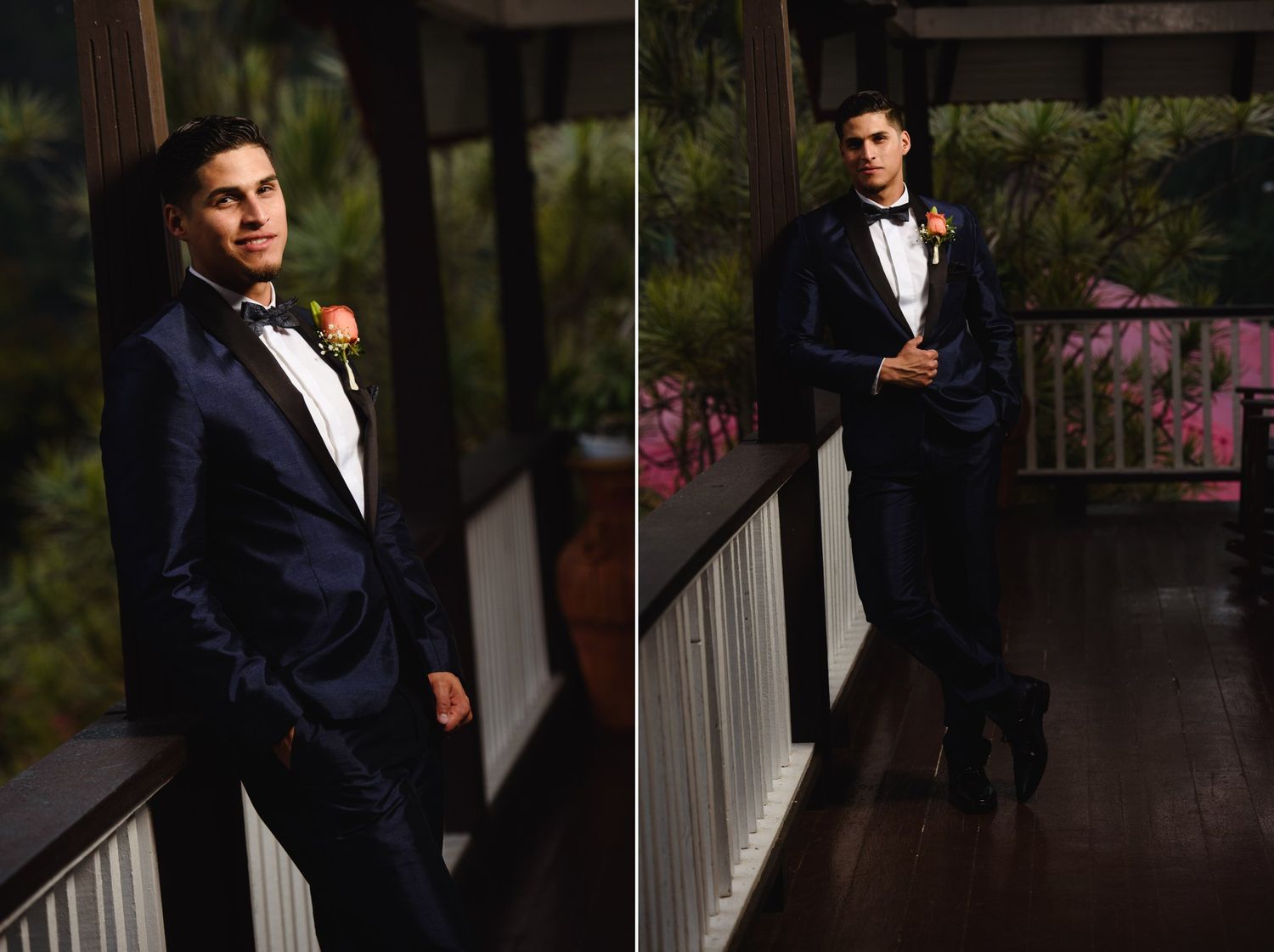 Groom in navy blue tuxedo with bow tie and boutonniere posing elegantly in a greenhouse venue.