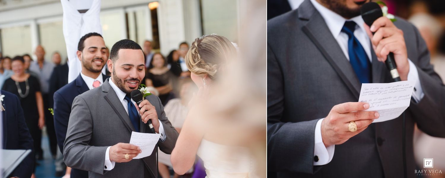 Groom reads heartfelt wedding vows aloud at ceremony while bride listens, captured in elegant dual-photo wedding portrait.