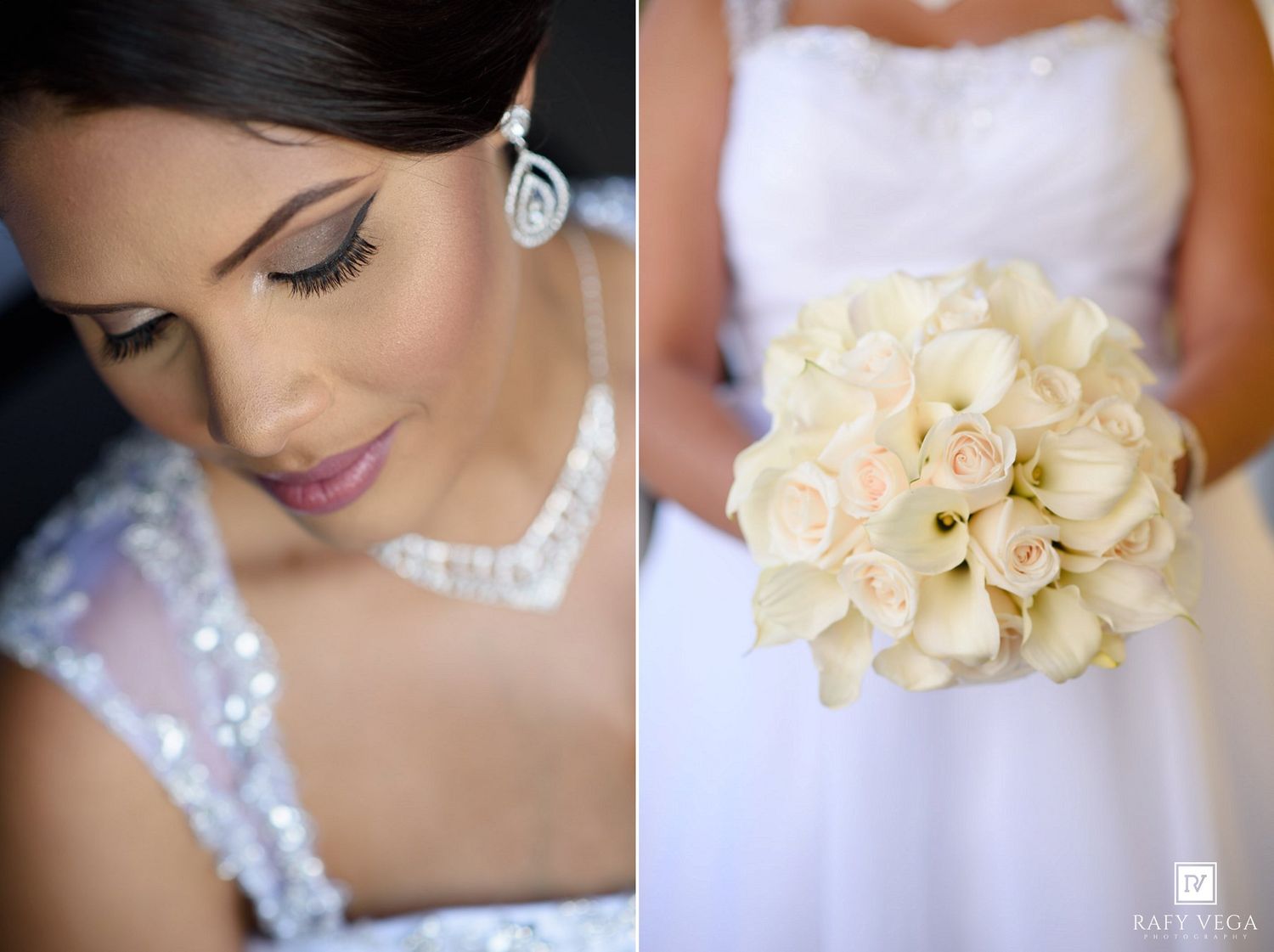 Close-up of a bride with smoky eye makeup wearing pearl jewelry holding a white rose and calla lily bouquet.