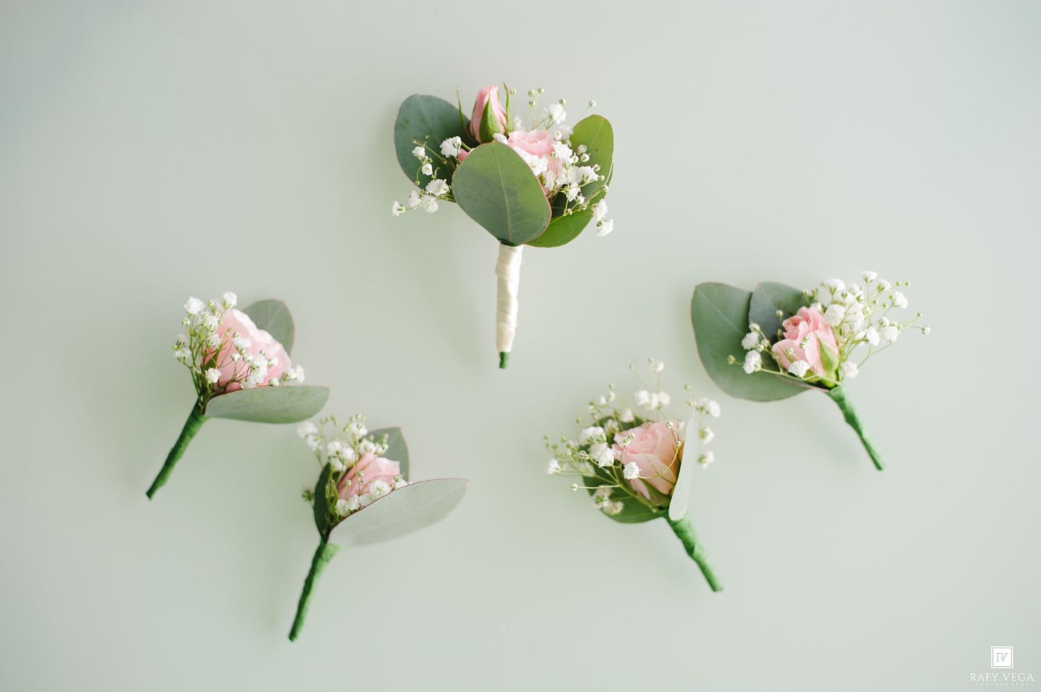 Five pink rose and eucalyptus boutonnieres with baby's breath arranged on a soft green background.