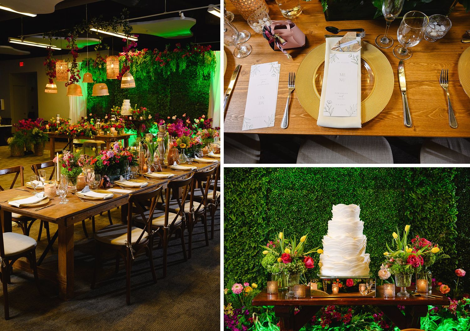 Elegant wedding venue with long wooden tables, lush green walls, floral centerpieces, gold charger plates, and a white tiered cake display.