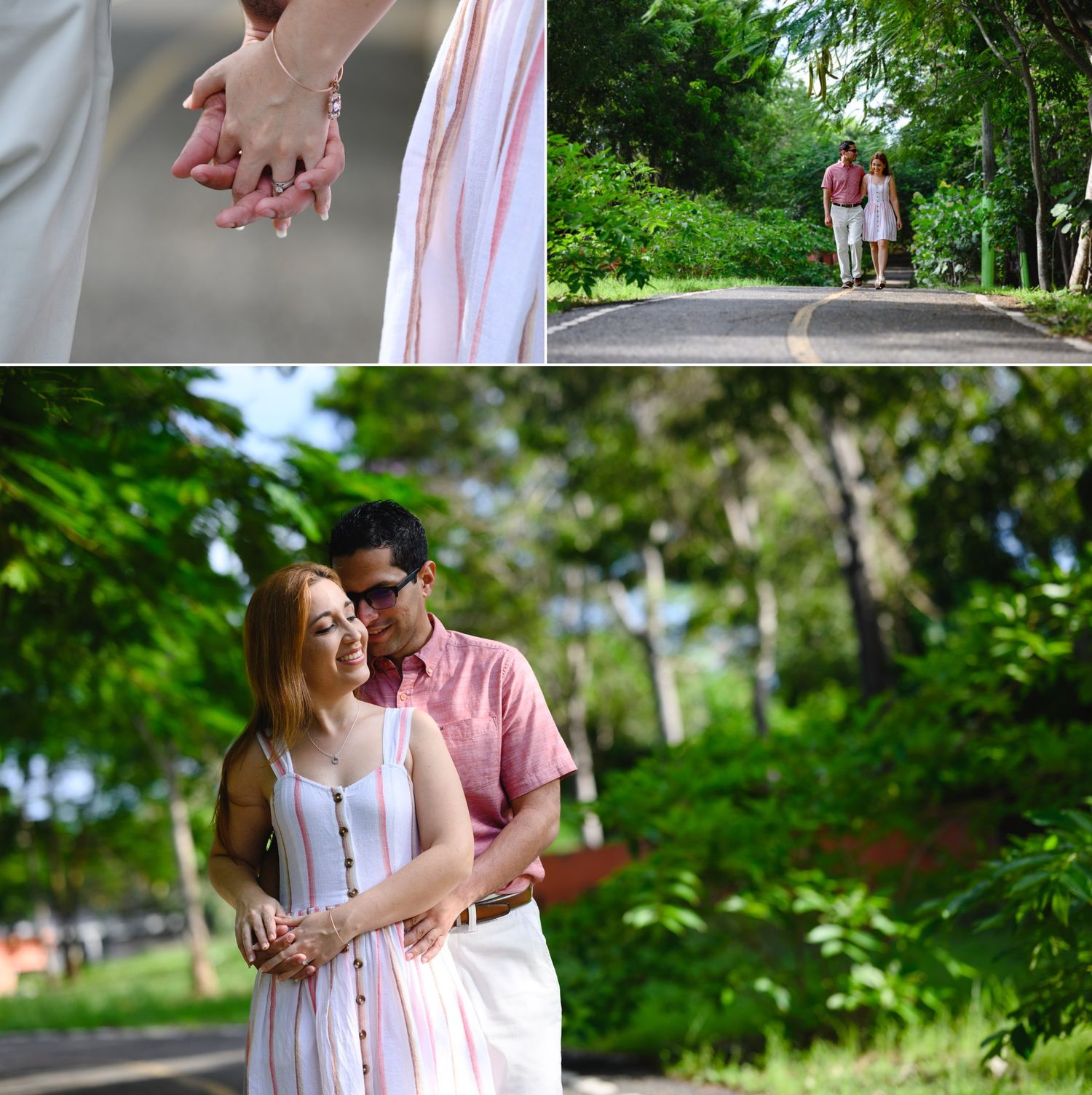 Romantic couple holding hands and walking in lush green park, woman in white striped dress, man in pink shirt.
