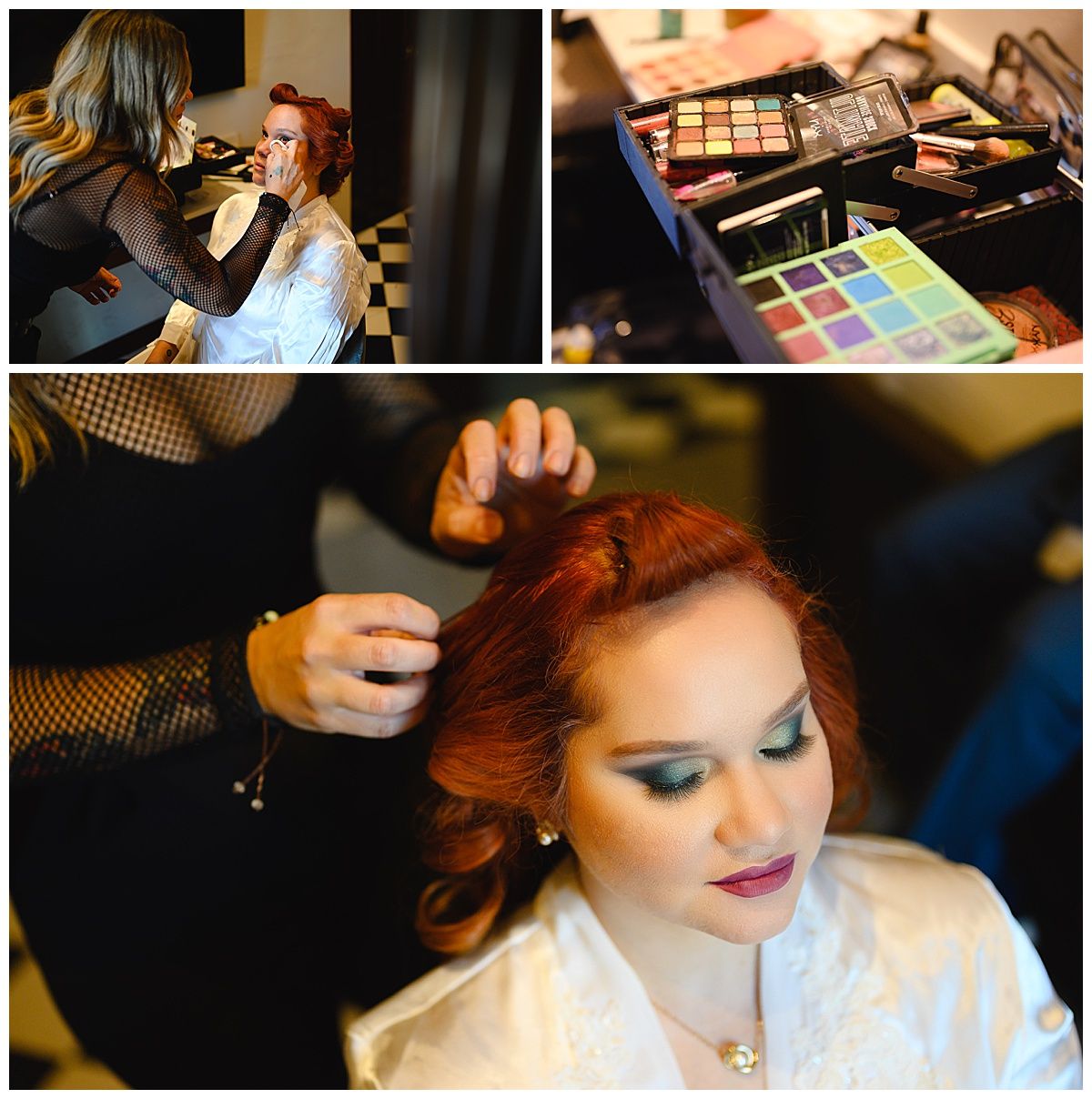 Professional makeup artist applying glamorous makeup on a woman with red hair using colorful eyeshadow palettes in a salon.