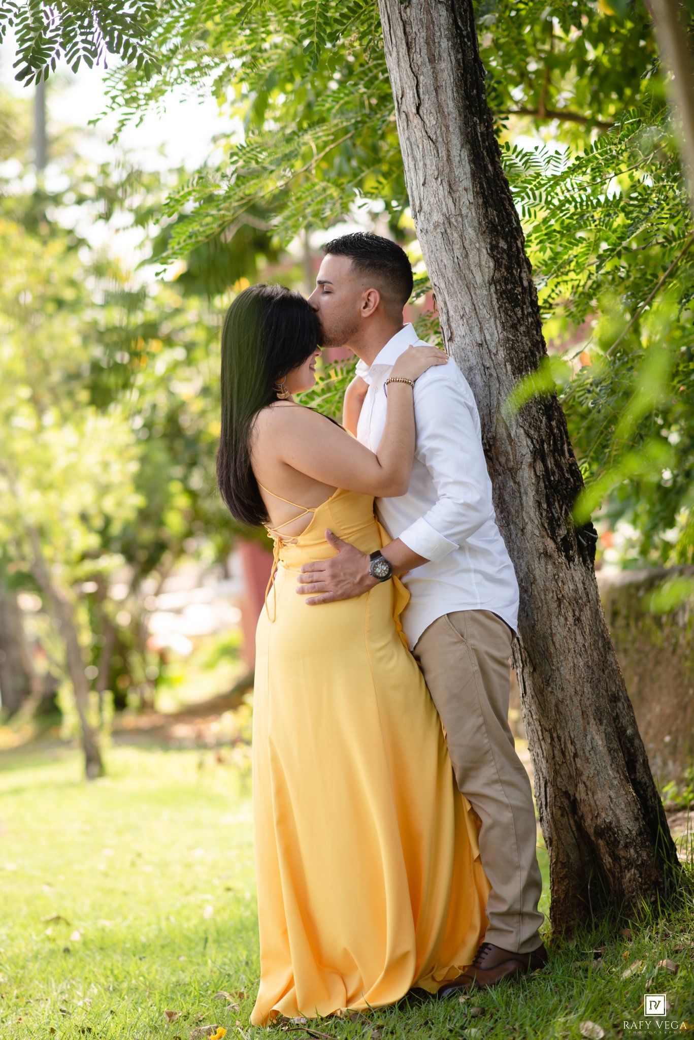 A couple shares a romantic kiss leaning against a tree in a lush green park, woman in yellow dress.