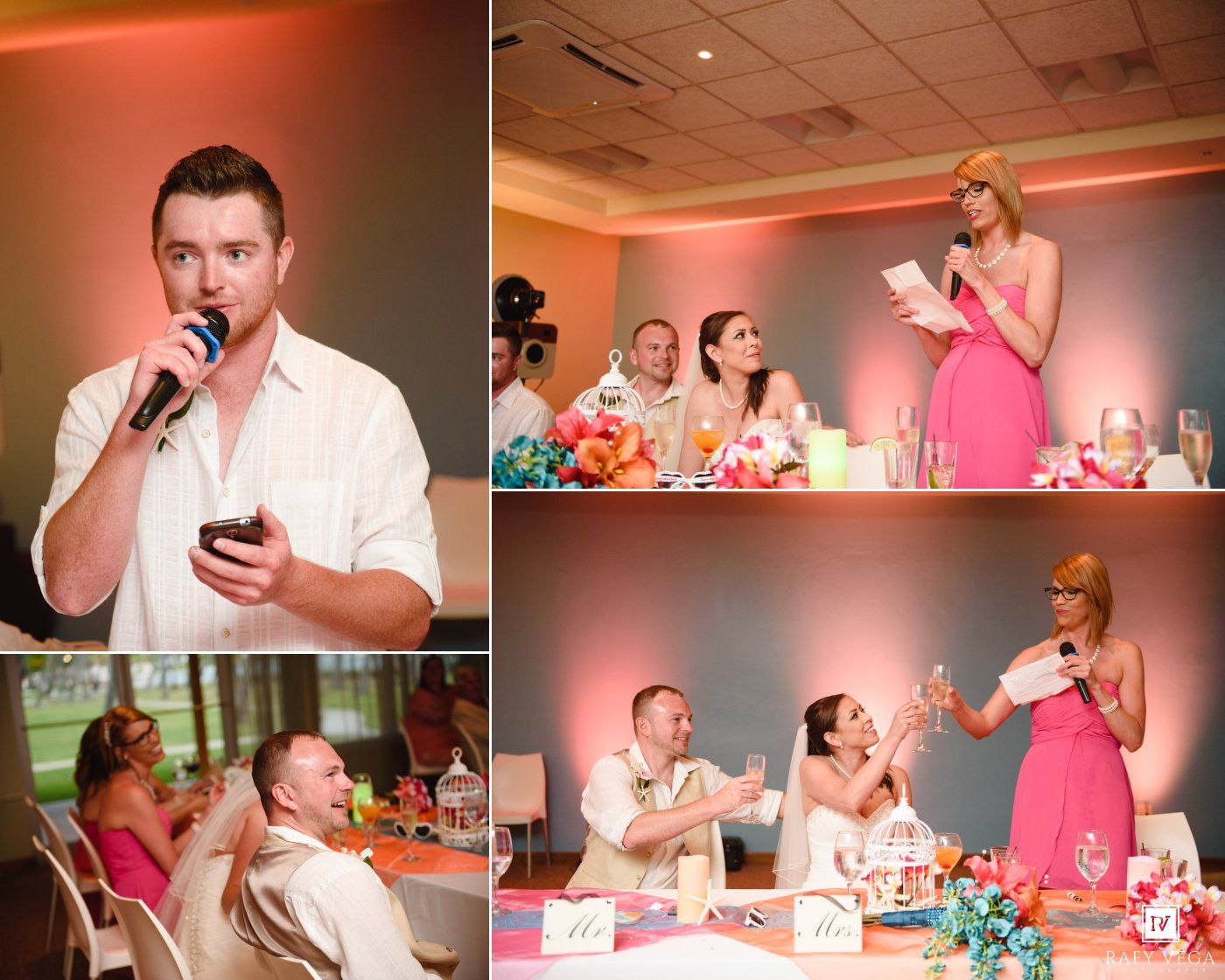 Wedding guests give speeches with microphone at colorful pink-themed reception.