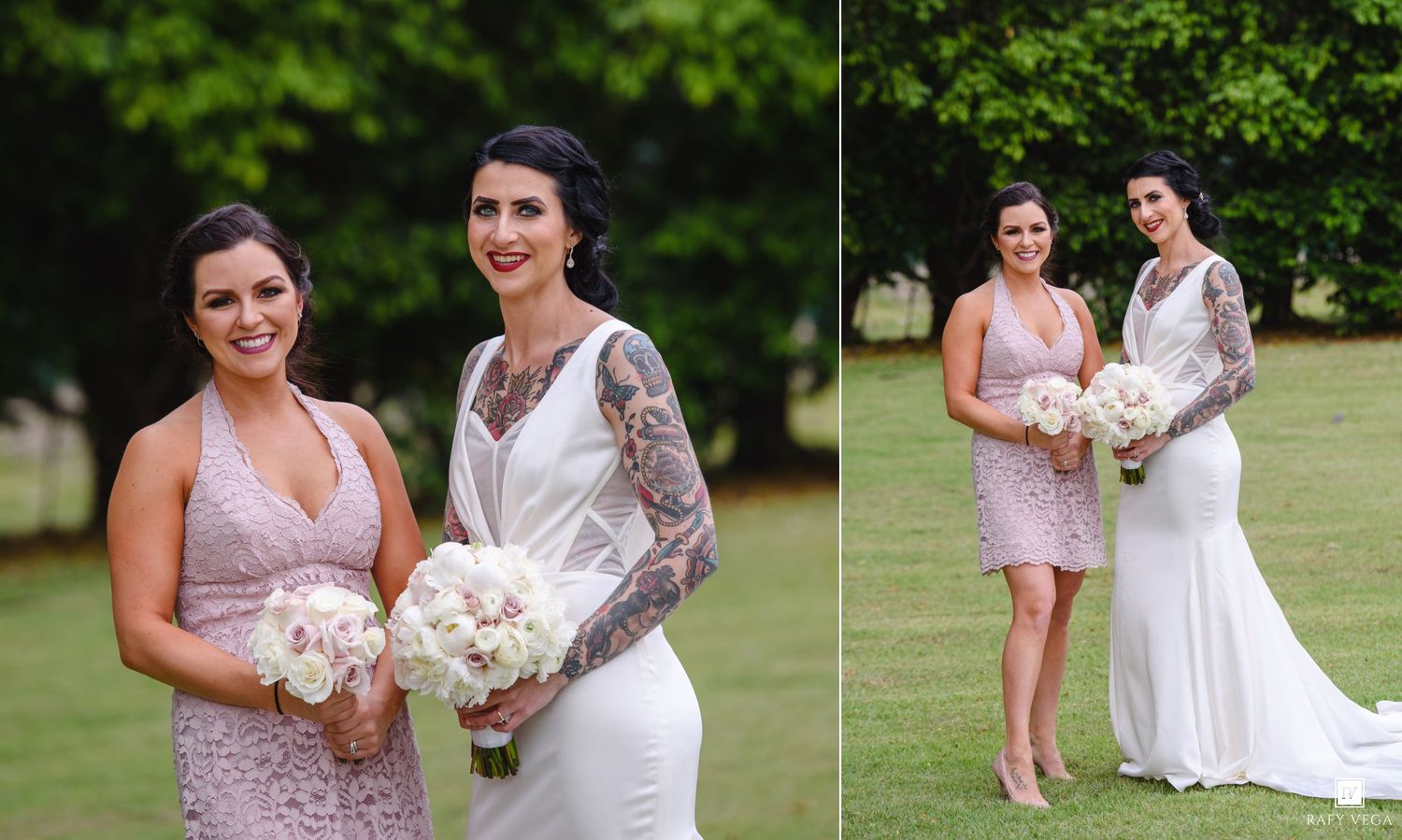 Bride in white gown and bridesmaid in pink lace dress holding white bouquets pose together outdoors on green lawn.
