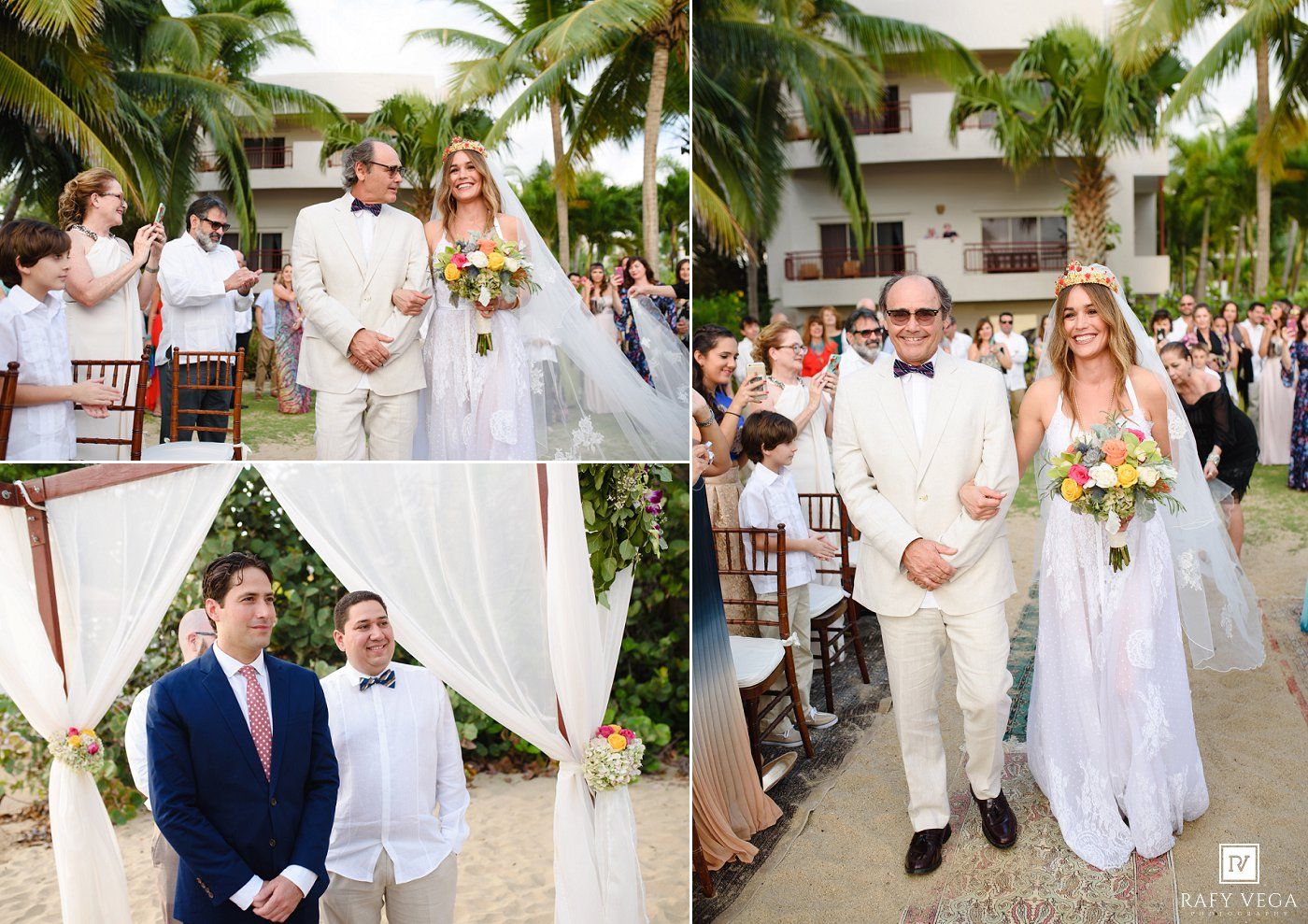 Bride walks down the aisle with escort at outdoor beach wedding ceremony with tropical palm trees.
