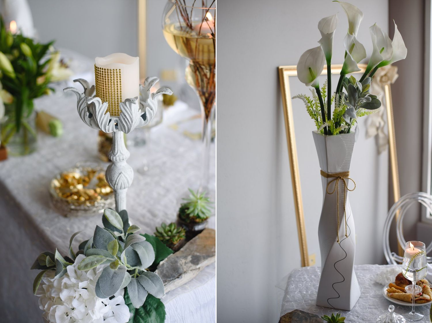 Elegant white and gold table decor with candles, greenery, calla lilies in a vase, and floral arrangements on a gray surface.