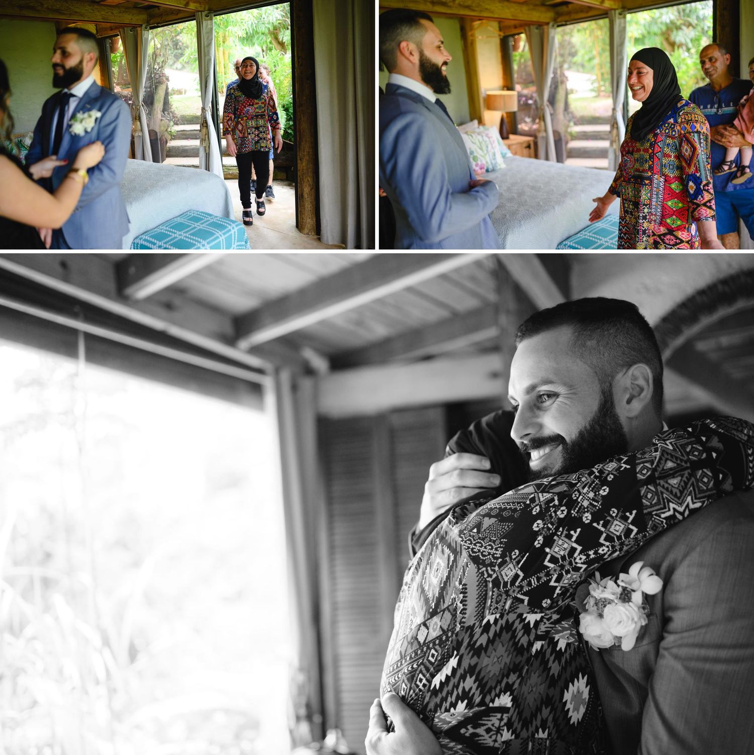 Groom in blue suit embraces bride in floral hijab during emotional wedding first look moment, captured in color and black-and-white.