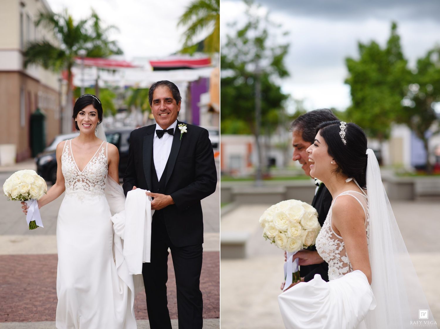 Bride in white gown smiles with escort holding bouquet outdoors at wedding ceremony.