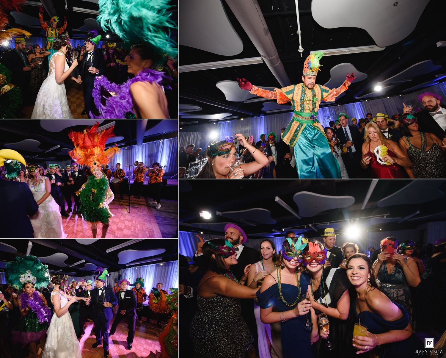 Colorful Mardi Gras themed wedding reception with guests dancing, feathered costumes, and masks in a decorated ballroom.