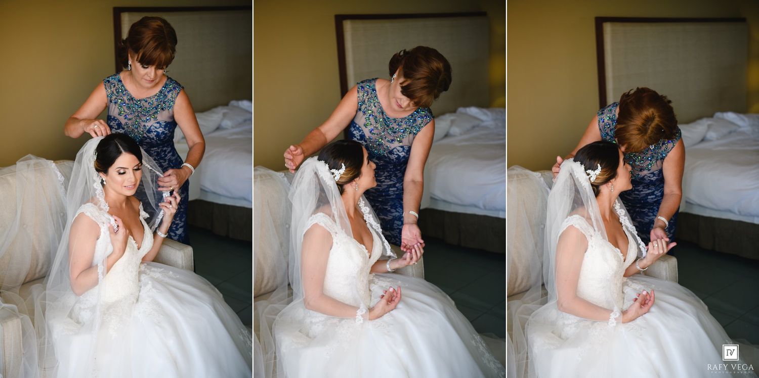 Mother helping bride with veil during wedding preparation in a hotel room, captured in a triptych sequence.