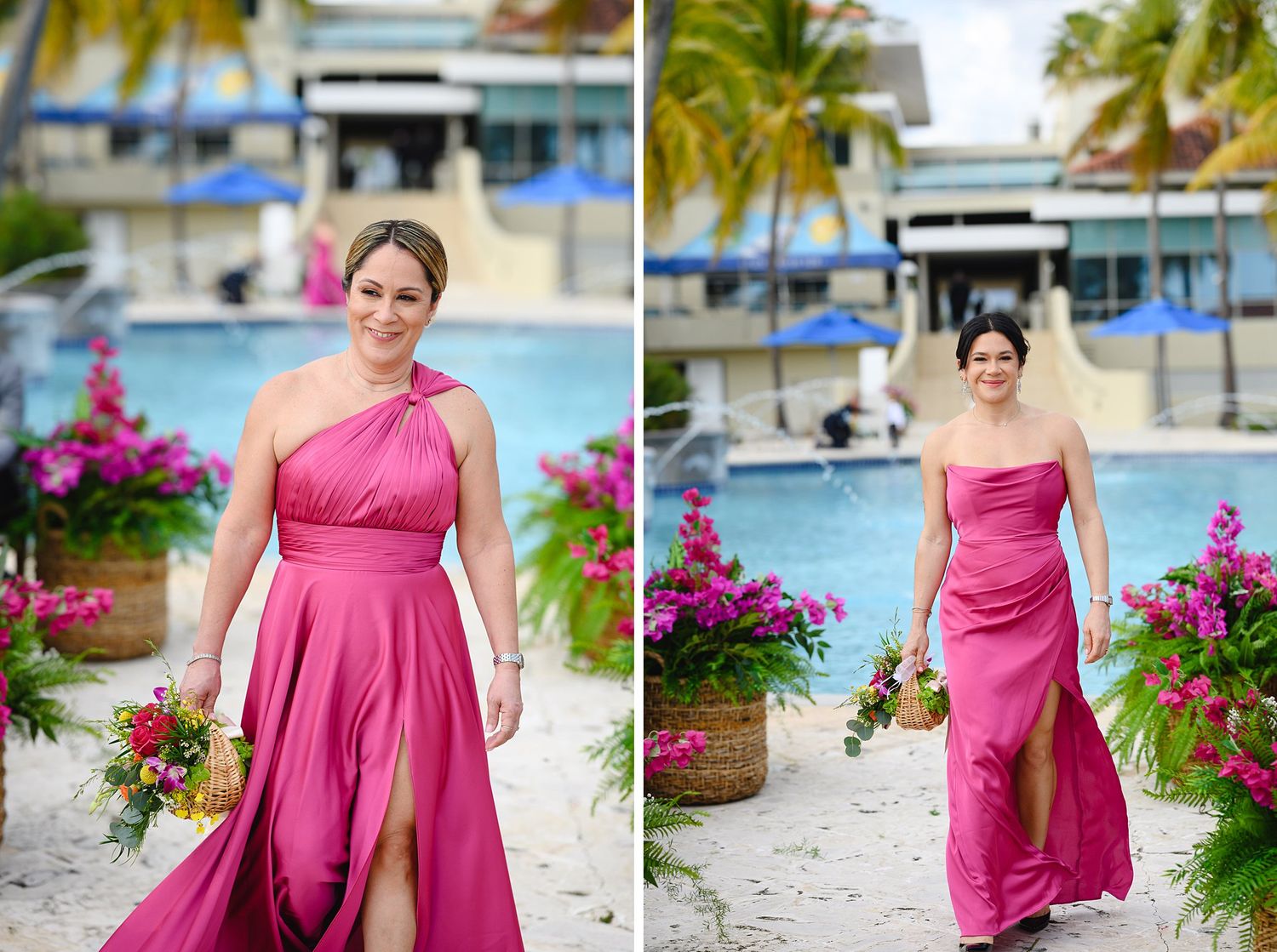 Woman in pink one-shoulder gown walks near tropical pool with vibrant floral arrangements at a beach wedding.