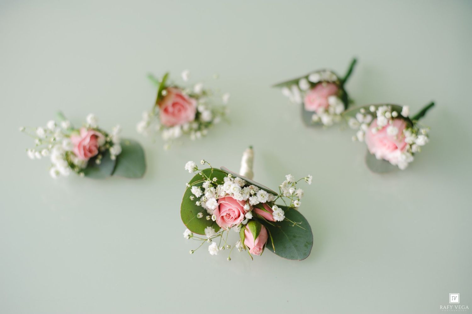 Five pink rose and baby's breath boutonnieres with eucalyptus leaves arranged on a light blue surface.