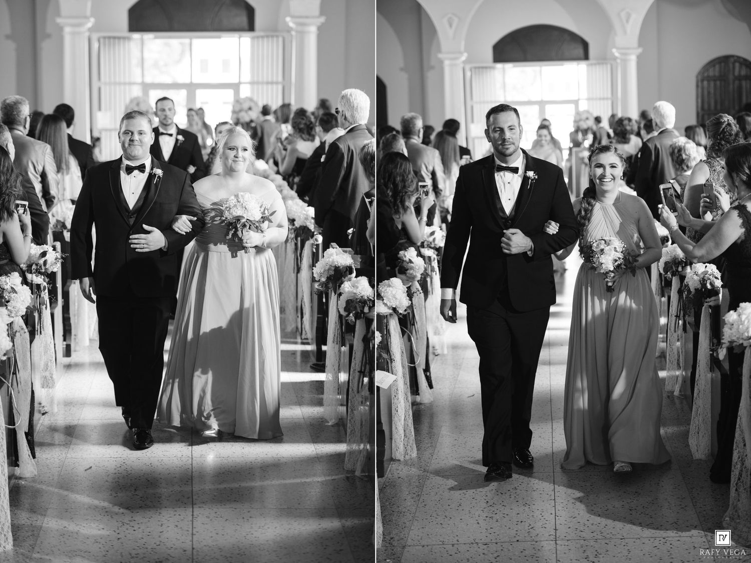 Black and white wedding processional with bridesmaids in elegant gowns walking down the aisle.