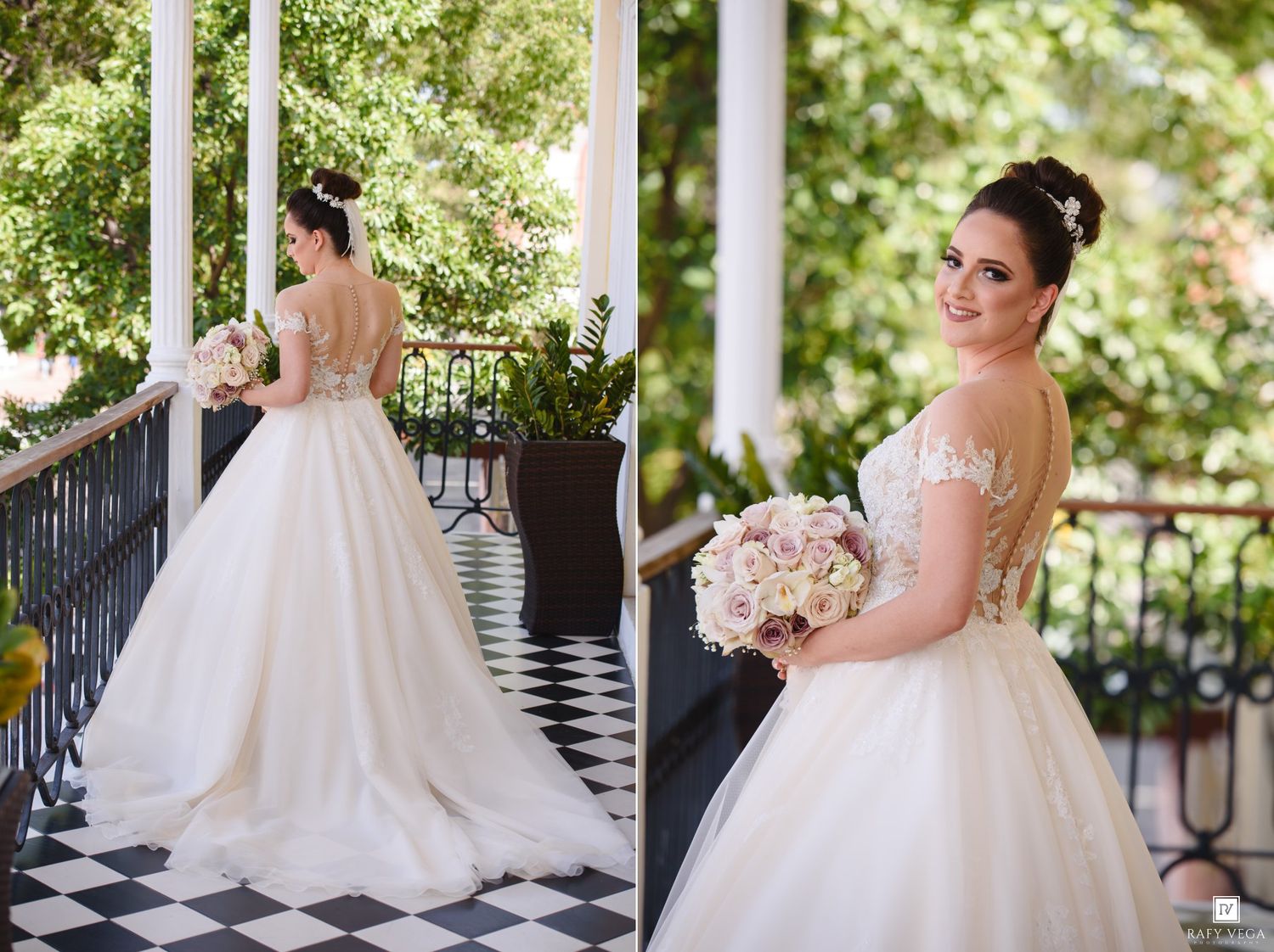 Bride in elegant white ball gown with lace bodice holds pink bouquet on ornate porch, shown front and back views.