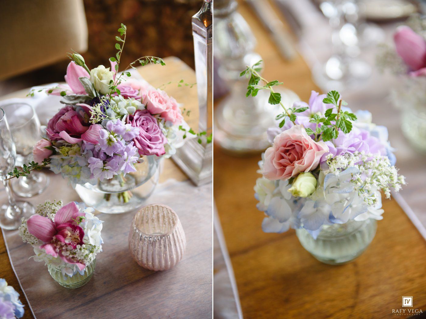 Elegant wedding table centerpieces featuring pink roses, hydrangeas, and mixed blooms in glass vases.