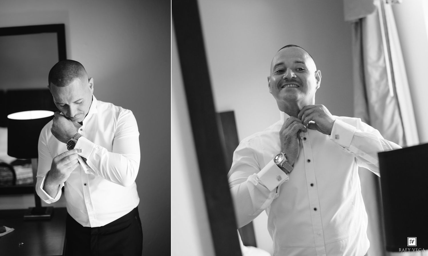 Groom adjusting his bow tie while getting ready in a hotel room, captured in elegant black and white wedding photography.