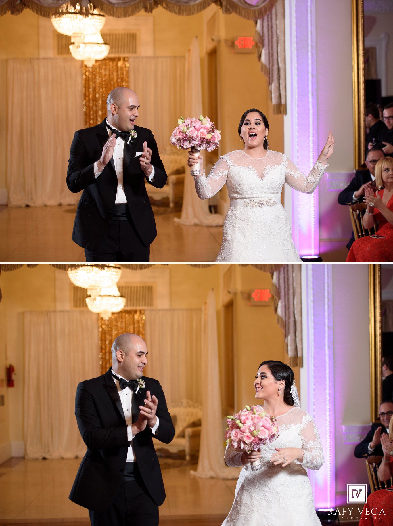 Bride and groom make joyful grand entrance at elegant wedding reception, bride holding pink bouquet in lace gown.