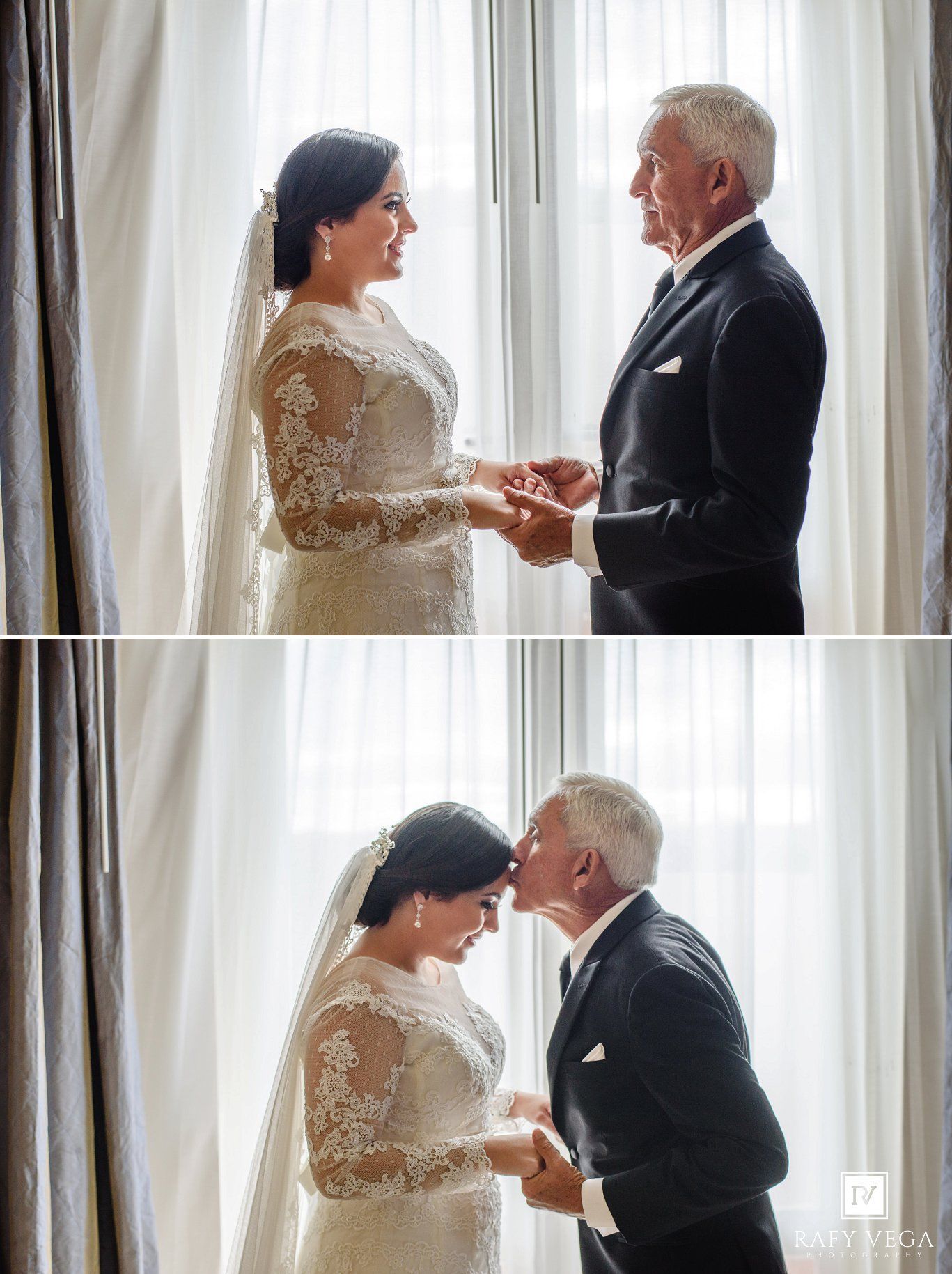 Bride in lace gown shares tender moment with older gentleman near window, exchanging rings and touching foreheads.