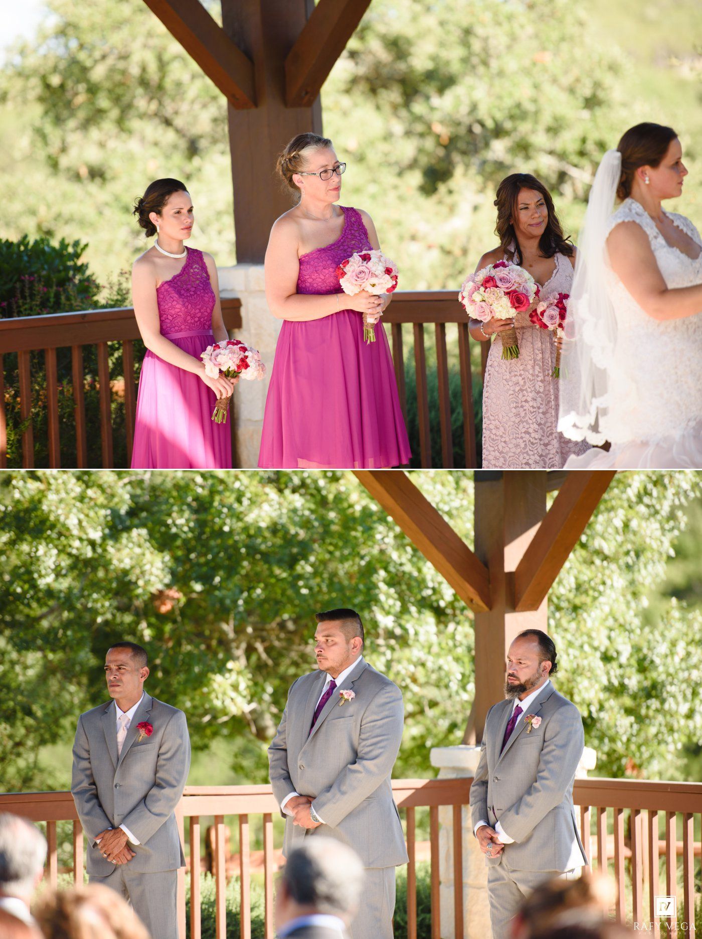 Bridesmaids in pink dresses and groomsmen in gray suits await a wedding ceremony at an outdoor gazebo venue.