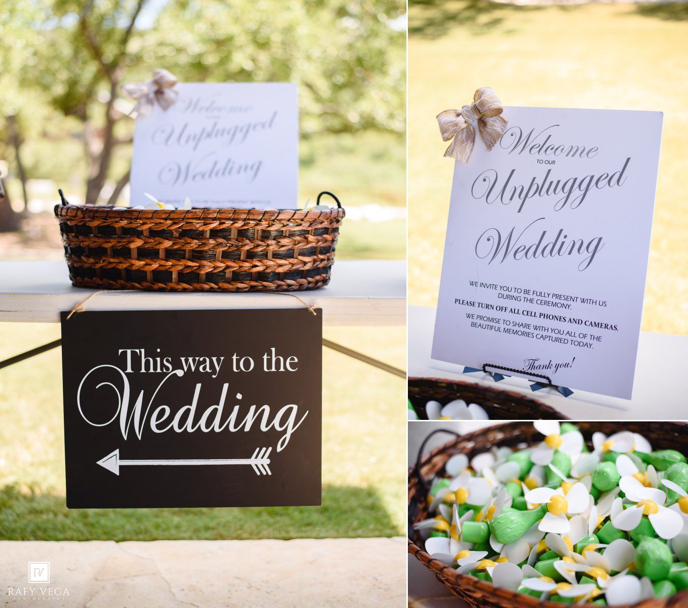 Elegant outdoor unplugged wedding signage display with directional arrow sign and candy buffet decorations.