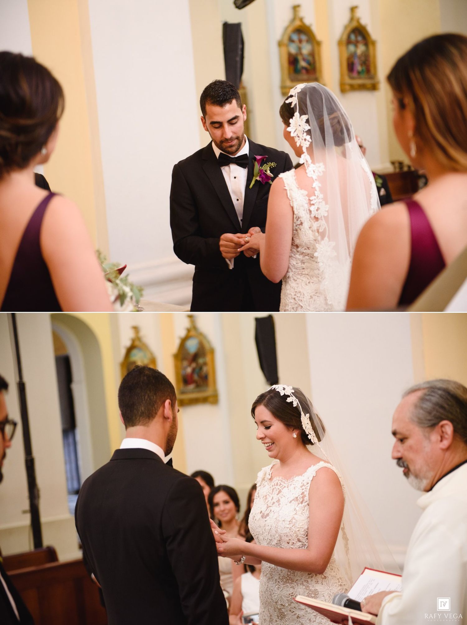 Bride and groom exchange rings during a romantic church wedding ceremony, with bridesmaids and guests watching nearby.