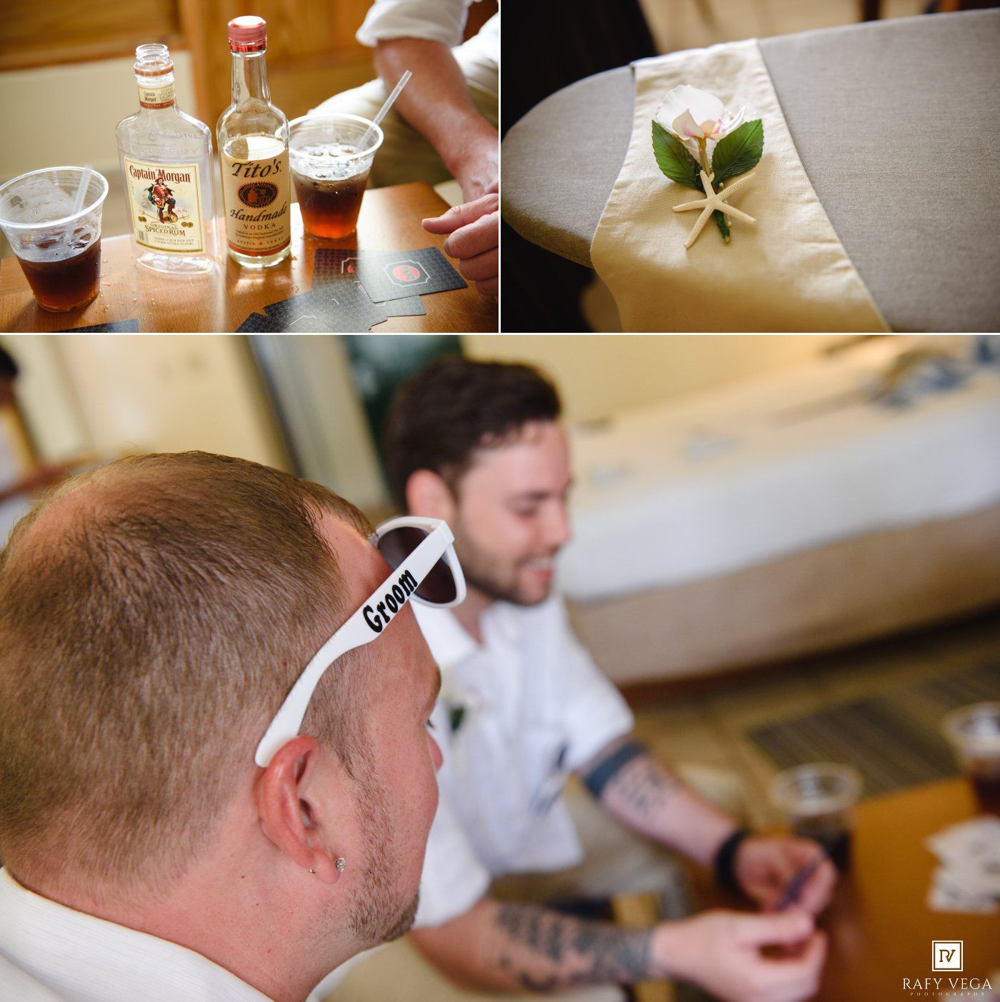 Groom wearing white sunglasses relaxes with tattooed groomsmen, mini liquor bottles and drinks on table during wedding prep.