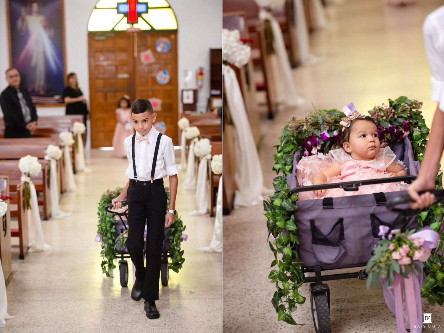 Young boy escorts a baby in a decorated stroller down a church aisle at a wedding.