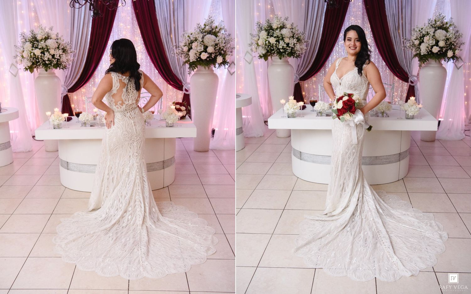 Elegant bride in a lace mermaid wedding gown shown from front and back at decorated venue.