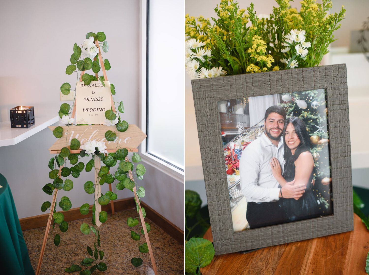 Wedding decor with greenery easel sign and framed couple photo on table with yellow flowers.