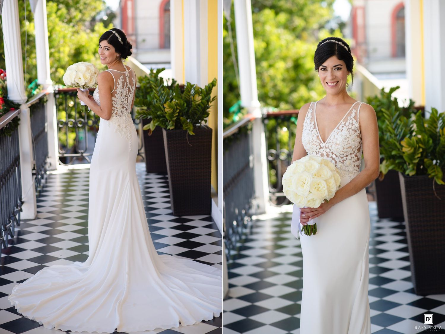 Elegant bride in a fitted lace-back wedding gown holding a white bouquet on a black and white checkered floor balcony.