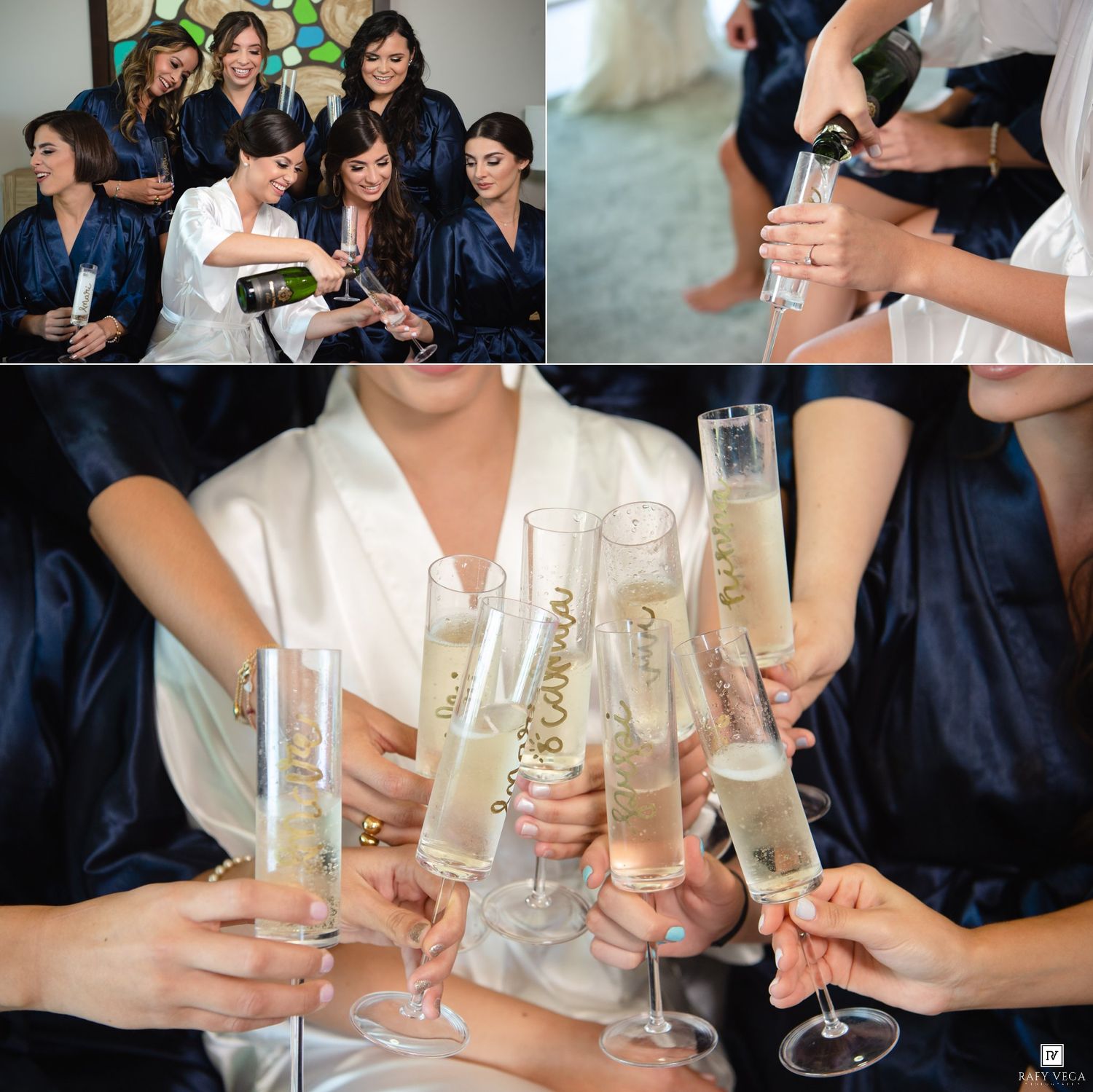 Bridesmaids in navy robes toasting with personalized champagne flutes during bridal party getting ready celebration.