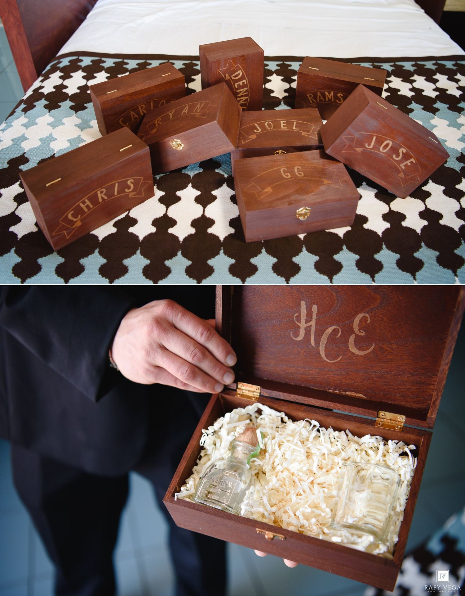 Personalized wooden groomsmen gift boxes with engraved names, one open box revealing shredded paper and a small gift inside.
