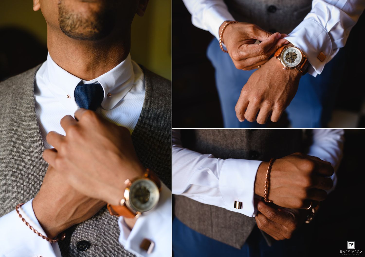 Man in gray vest adjusting navy bow tie, wearing gold watch and beaded bracelet, elegant wedding attire.