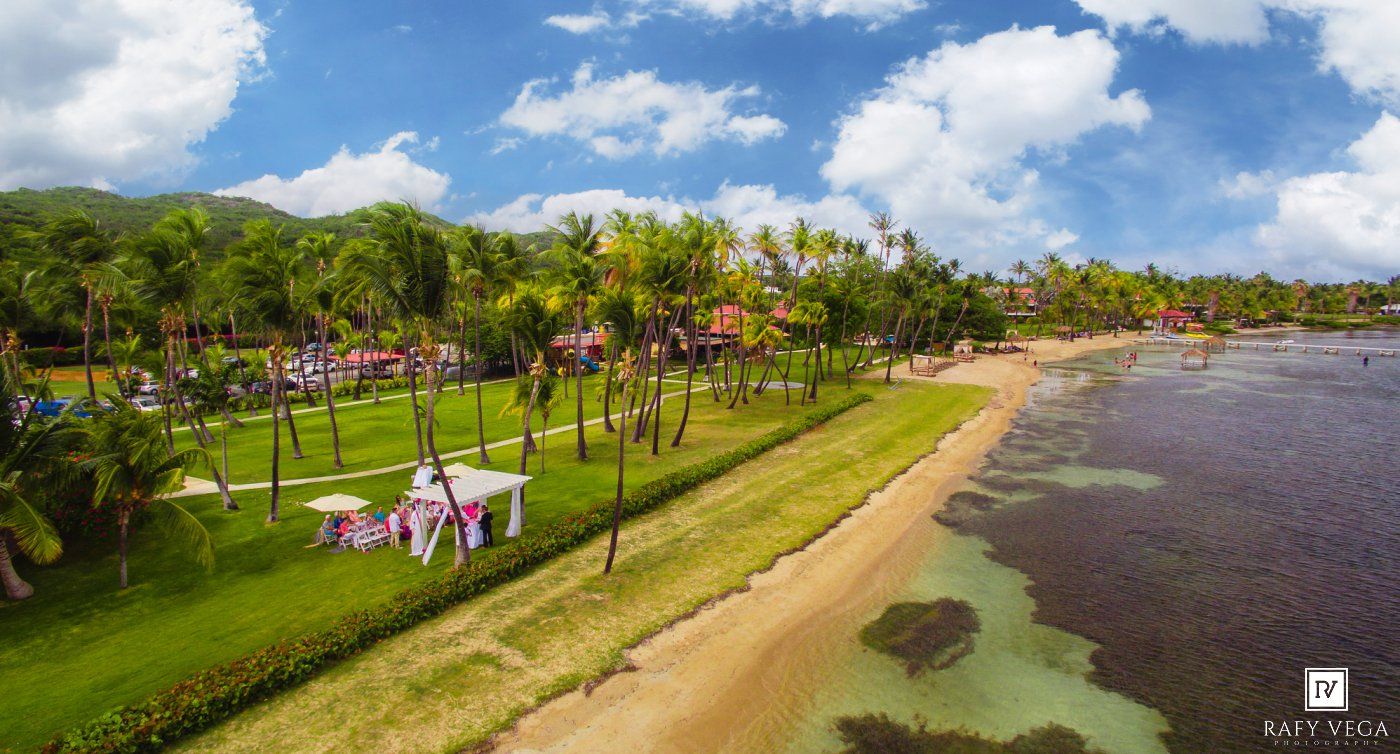 Aerial view of a tropical beachside wedding venue with lush green lawns, palm trees, and ocean shoreline.