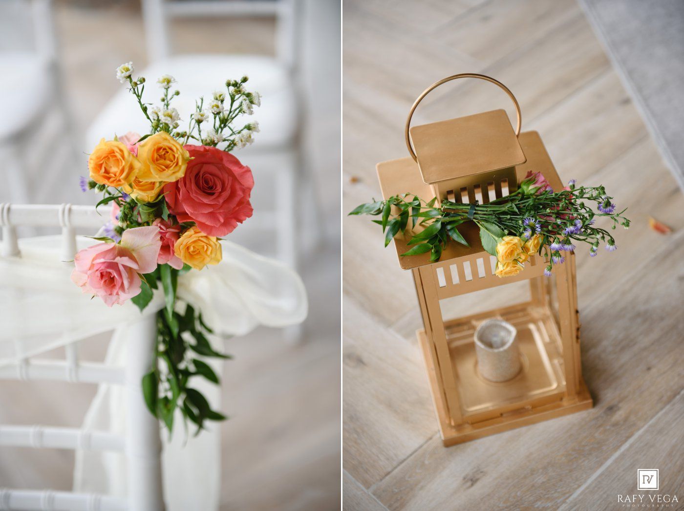 Colorful wedding floral arrangements featuring pink, orange, and yellow roses on white chairs beside a gold lantern centerpiece.