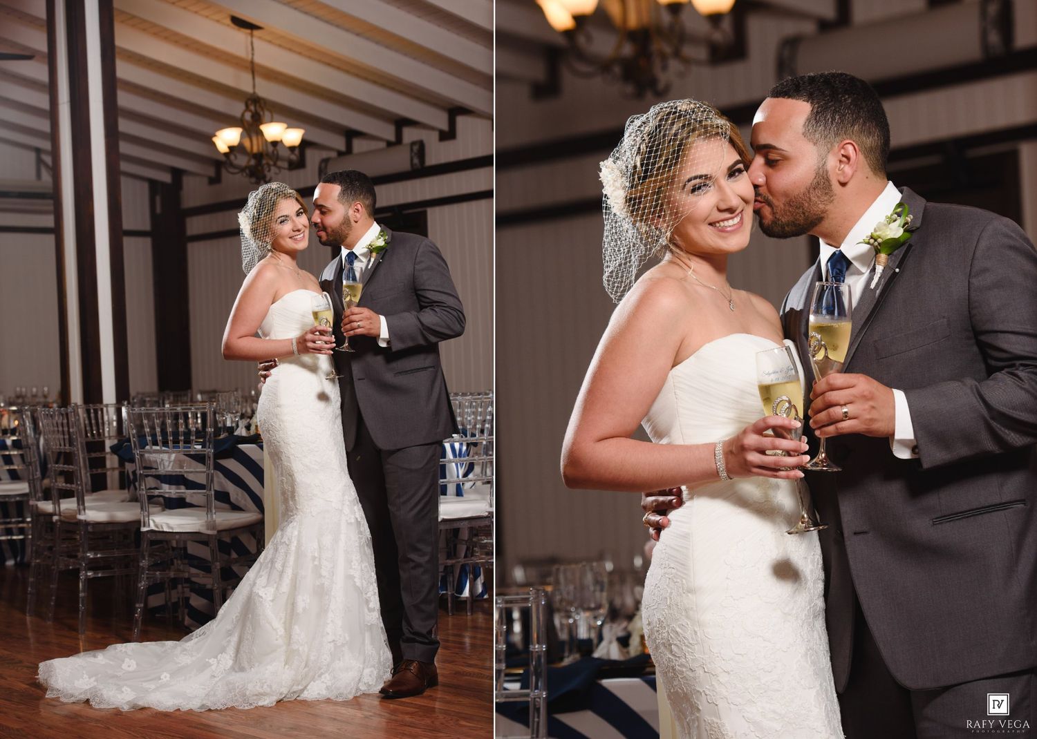 Bride and groom share a romantic moment, holding champagne glasses at their elegant wedding reception venue.