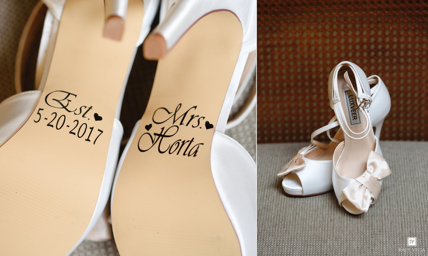 White wedding heels with custom black vinyl decal reading Est 5-20-2017 and Mrs Horta on the soles.