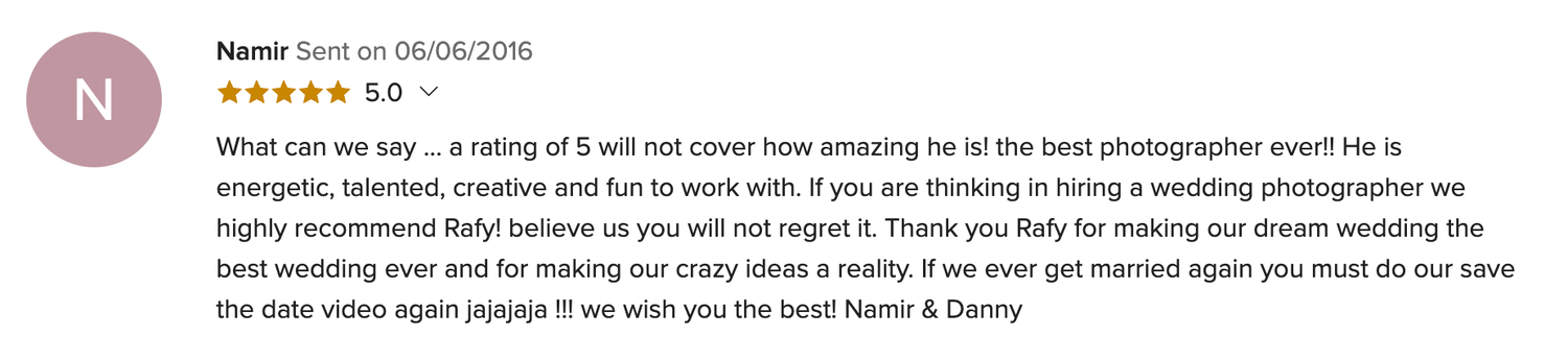Five-star wedding photographer review praising energetic, creative, and talented work for an amazing wedding day.
