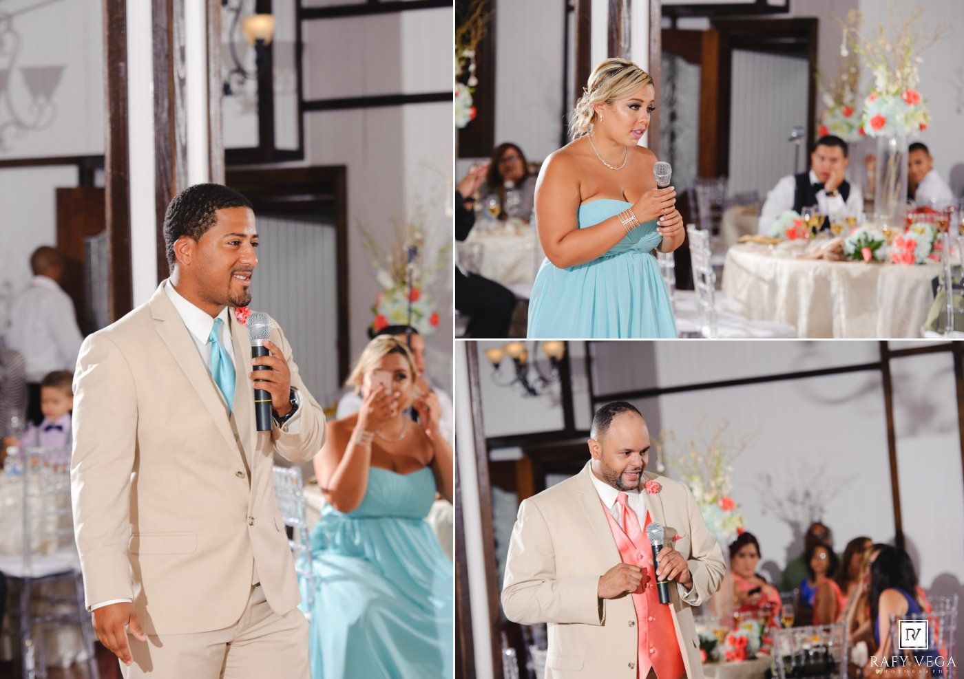Wedding reception speeches with guests in formal attire, bridesmaid in turquoise dress and groomsmen in tan suits holding microphones.