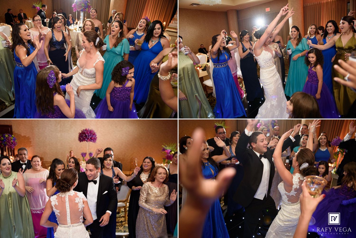 Joyful wedding reception guests dancing and celebrating, women in colorful gowns tossing bouquet at elegant venue.