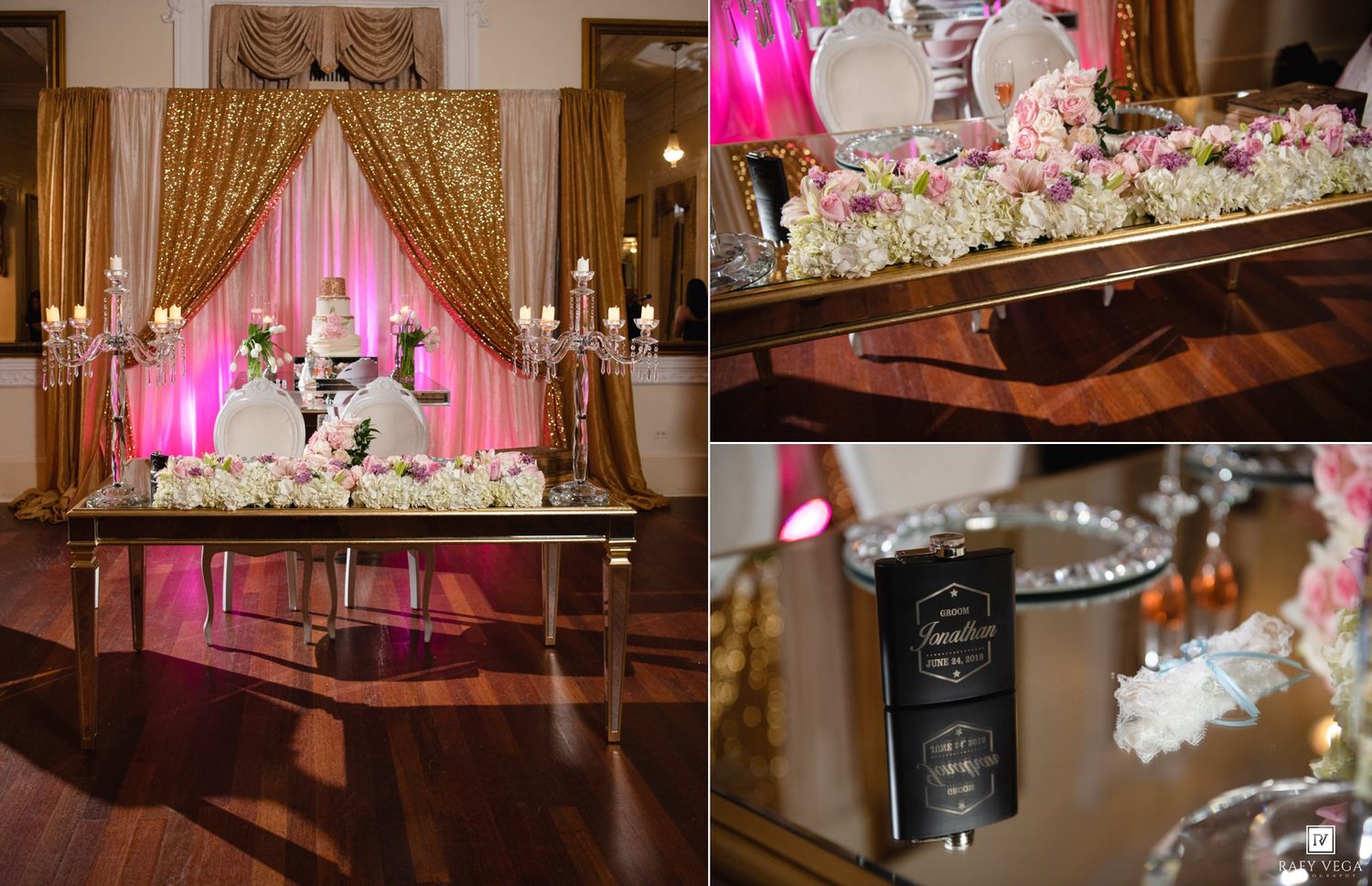 Elegant wedding reception with gold sequin backdrop, floral centerpieces, candlelit sweetheart table, and decorative favor displays.
