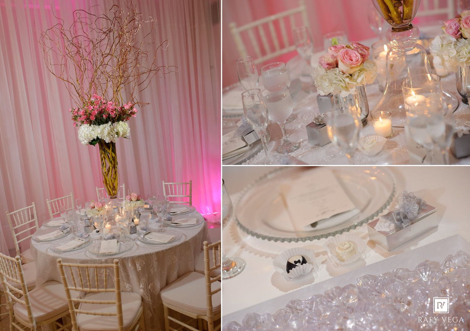 Elegant wedding reception with white chiavari chairs, tall floral centerpieces, candlelit tables, and soft pink draped backdrop.