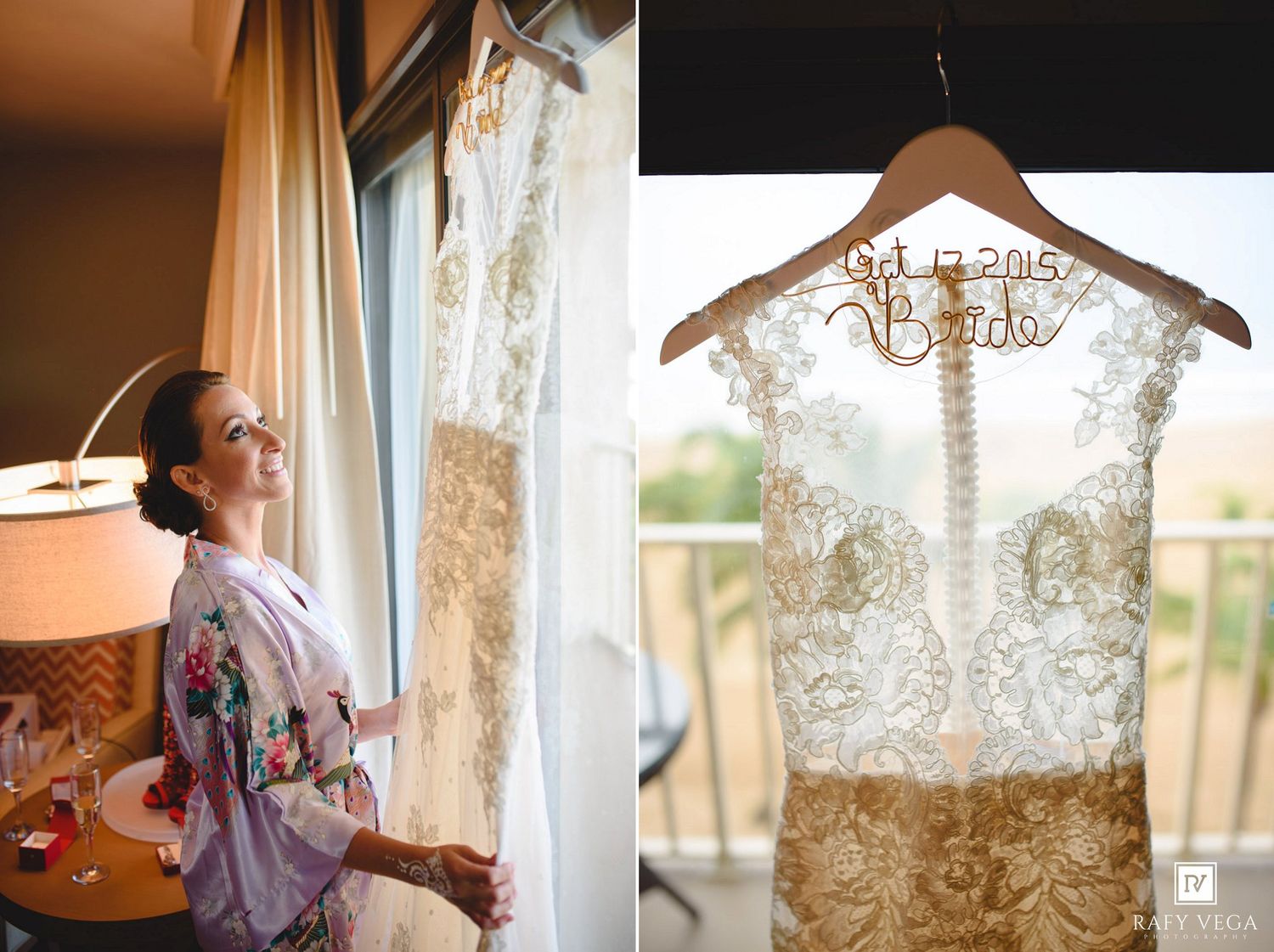 Bride in floral robe admires lace wedding gown hanging by window, with personalized Oct 2015 Bride hanger detail.