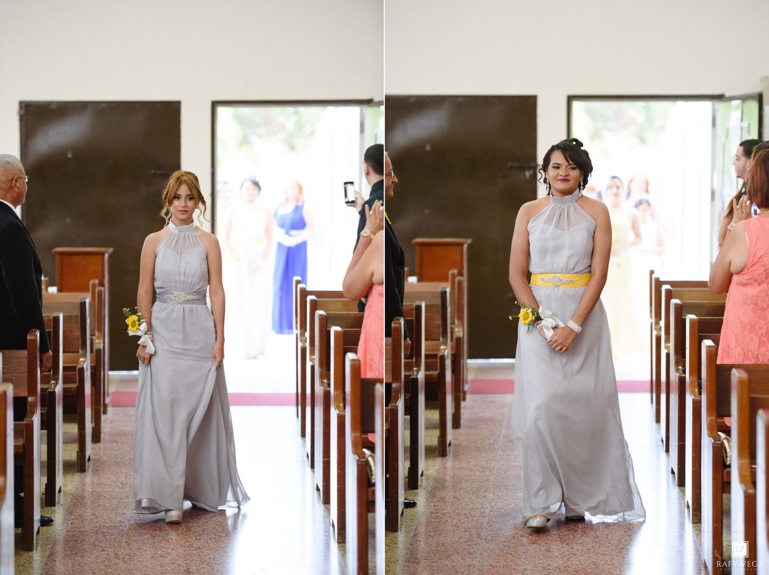 Bridesmaids in silver gowns walking down church aisle during wedding ceremony.
