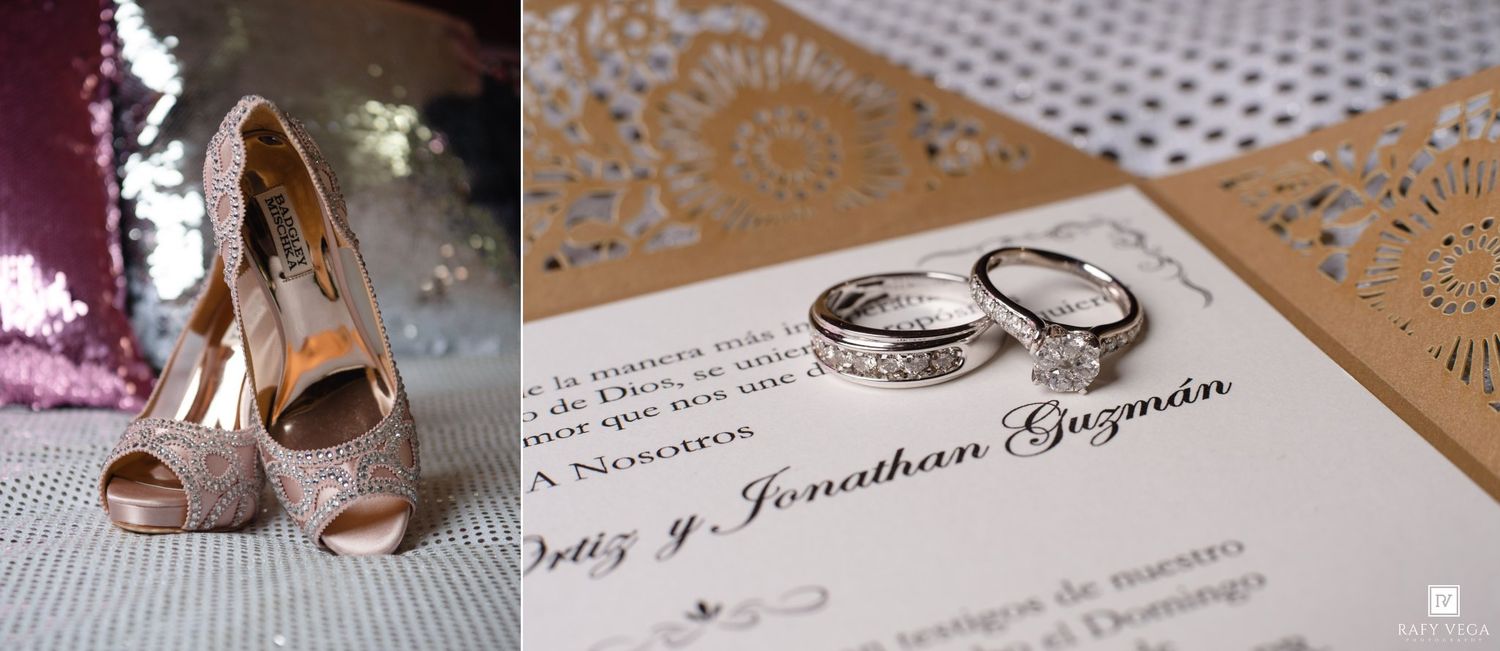 Elegant wedding details featuring gold peep-toe heels, diamond wedding bands, and a laser-cut invitation for Ortiz and Jonathan Guzman.