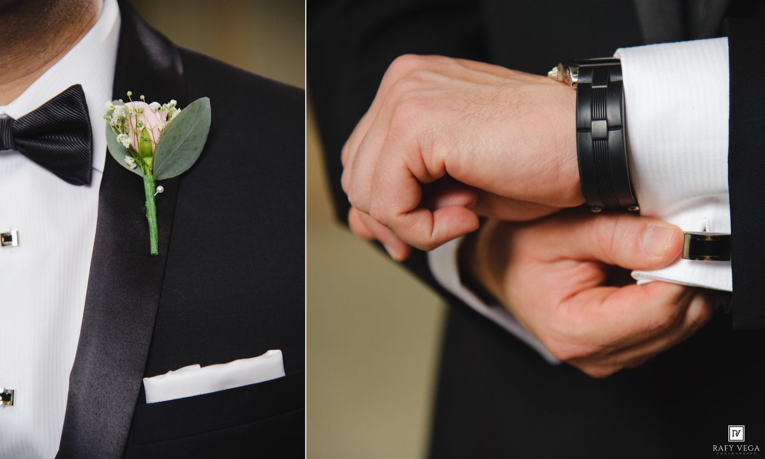 Groom in black tuxedo with boutonniere adjusting cufflinks on wedding day.